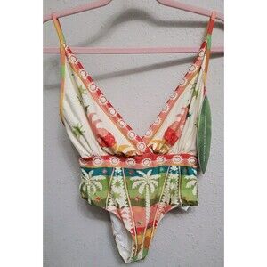 NWT Farm Rio Praia Rainbow Sunset One Piece Swimsuit S Tropical Palm Print